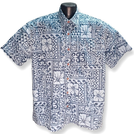 Traditional Blue Tapa Hawaiian shirt- Made in USA 100% Cotton
